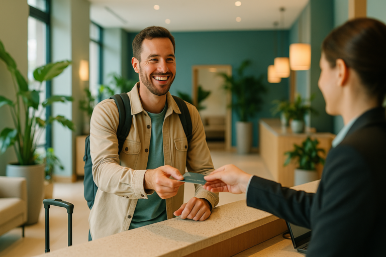 Traveler finding a great hotel deal at a bright modern hotel reception
