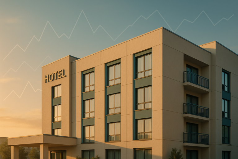 Modern hotel at golden hour illustrating changing room prices over time