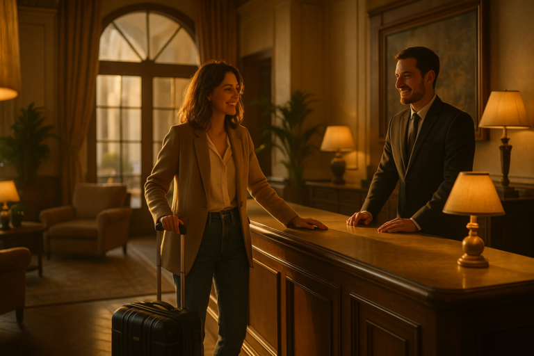 Traveler with suitcase at a warmly lit boutique hotel reception.
