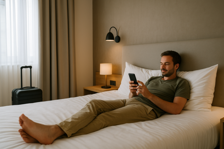 Relaxed traveler using a smartphone in a modern hotel room.