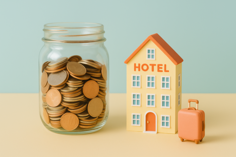 Coins in a jar beside a model hotel, symbolizing savings on hotel bookings.