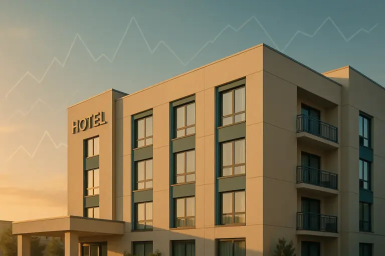 Modern hotel at golden hour illustrating changing room prices over time
