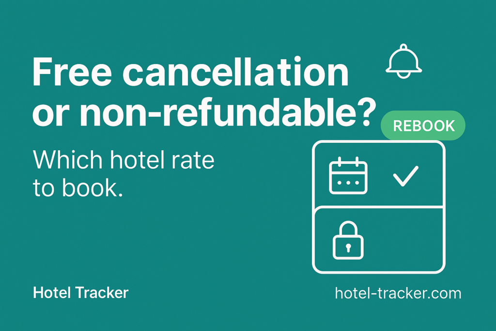 Free cancellation or non-refundable? Two stacked hotel rate cards, the flexible one marked with a green rebook tag.