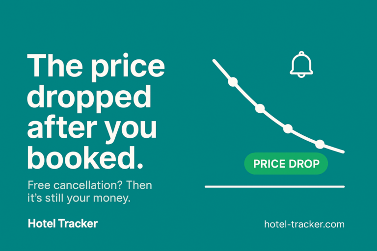 Teal graphic with the words The price dropped after you booked and a falling price curve with a green price-drop badge.